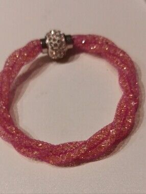 Pink Sparkle Braided Charm Bracelet with Silver Clasp